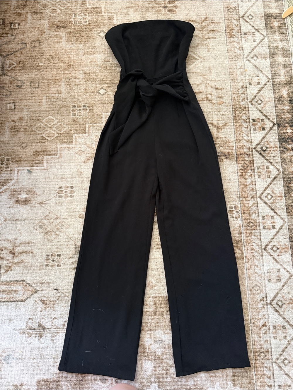 Strapless Black Wide-Leg Jumpsuit with Waist Tie